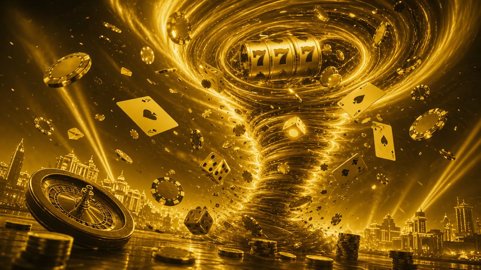 Cinematic 16:9 casino banner featuring stacked poker chips, glowing slot reels, and Slotorado-themed elements in dual color p